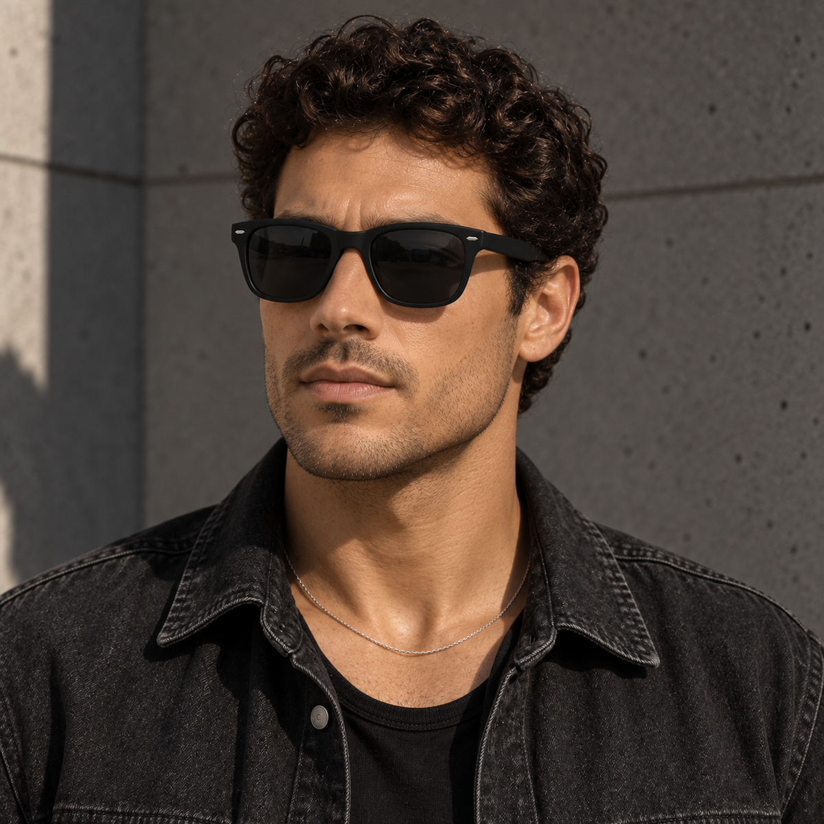Man wearing Daily 01 black sunglasses, front portrait