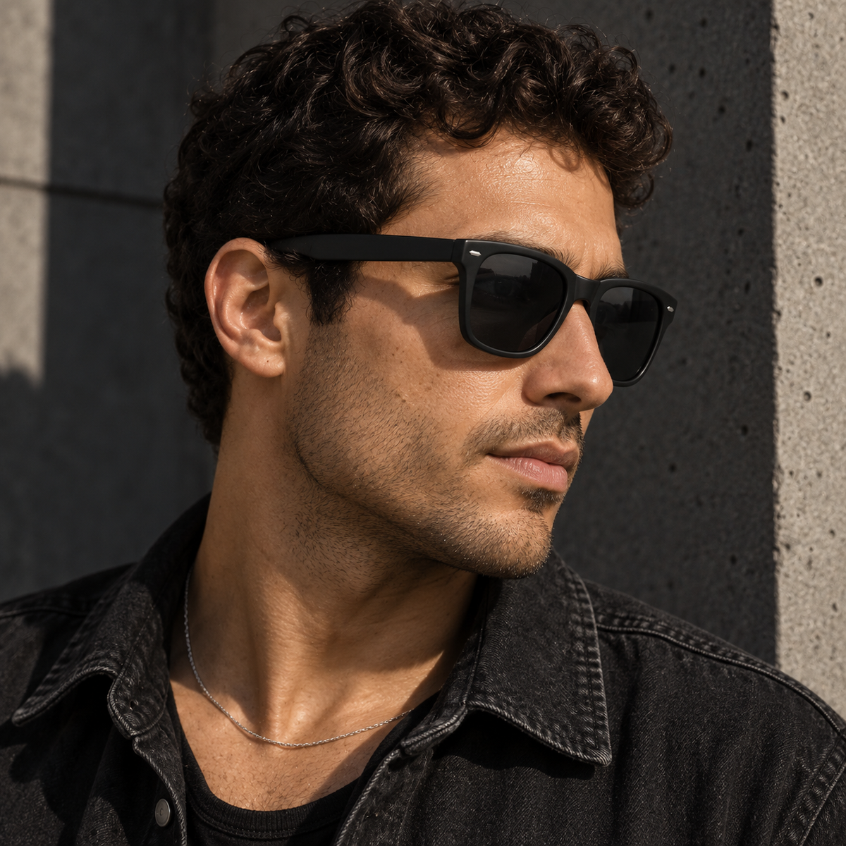 Man wearing Daily 01 black sunglasses, side portrait