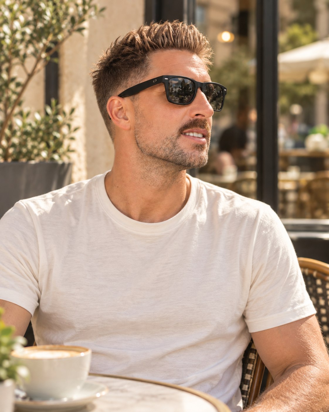 Man wearing black sunglasses at a sunlit neighborhood cafe